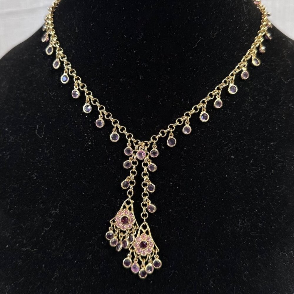Gold Tone Necklace with Purple Gemstones and Double Pendant